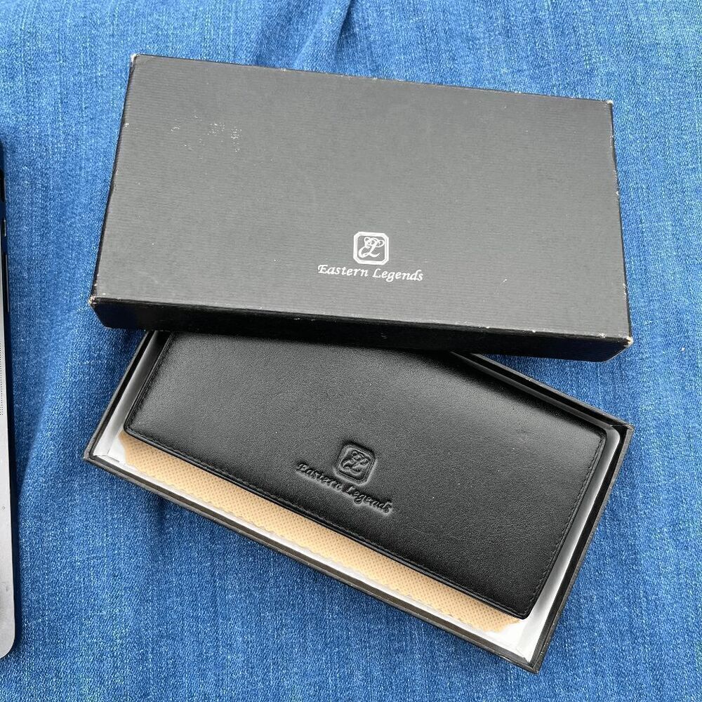 Eastern Legends Black Leather Long Wallet w/ Box, Card Slots & ID Window